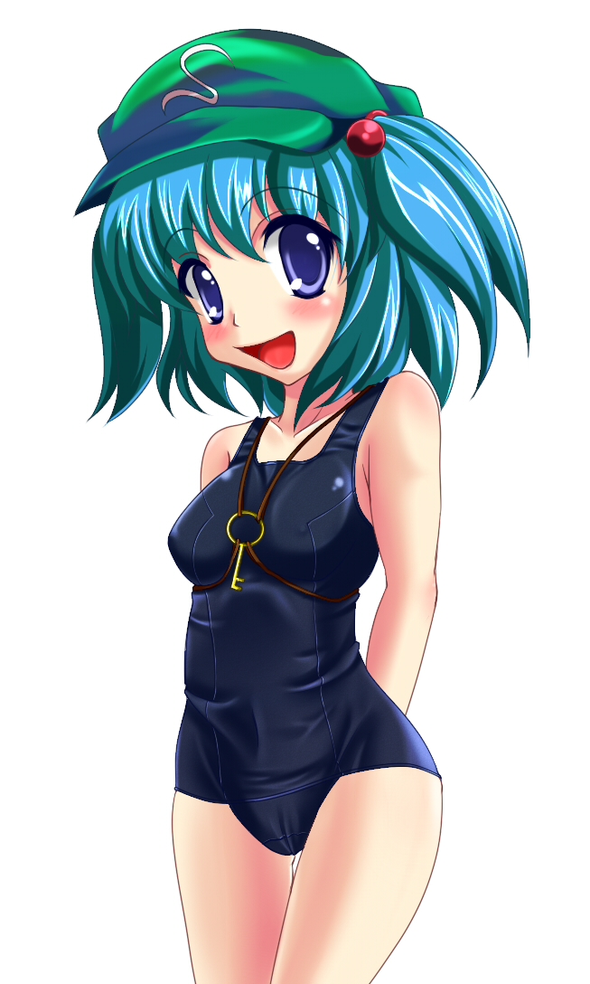 bad_id bad_pixiv_id bare_shoulders between_breasts blue_eyes blue_hair blush breasts hair_bobbles hair_ornament hat kawashiro_nitori key one-piece_swimsuit school_swimsuit shiny shiny_clothes skindentation smile solo swimsuit tera_hiroshi touhou twintails two_side_up