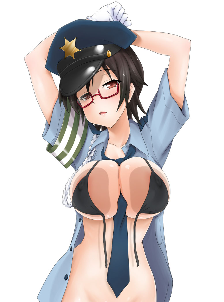 against_glass arms_up between_breasts bikini bottomless breast_press breasts commentary_request eunos front-tie_top glasses gloves hat k-on! large_breasts looking_at_viewer manabe_nodoka necktie out-of-frame_censoring police police_uniform red-framed_eyewear semi-rimless_eyewear short_hair simple_background solo swimsuit under-rim_eyewear uniform untied untied_bikini white_background