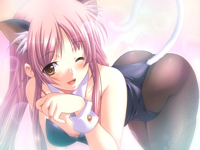all_fours animal_ears ass blush cleavage pantyhose smile tail wink