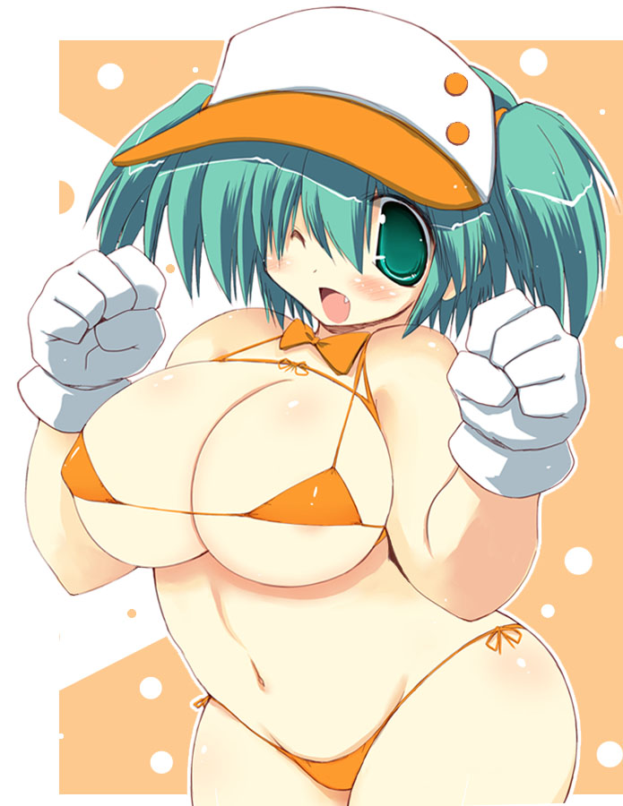 bikini blush bow bowtie breasts cleavage copyright_request curvy fang gloves green_eyes green_hair hat huge_breasts micro_bikini one_eye_closed open_mouth sakaki_(noi-gren) solo swimsuit twintails