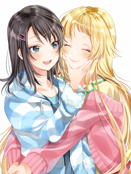 2girls :d ^_^ aqua_eyes bang_dream! bangs black_hair blonde_hair blue_jacket blue_shirt blush chin_grab closed_eyes commentary_request eyes_closed fur-trimmed_sleeves fur_trim hair_ornament hairclip hood hood_down hooded_jacket hug ito22oji jacket long_hair medium_hair multiple_girls okusawa_misaki open_mouth pink_cardigan shirt simple_background smile striped_jacket tsurumaki_kokoro upper_body white_background yellow_shirt yuri