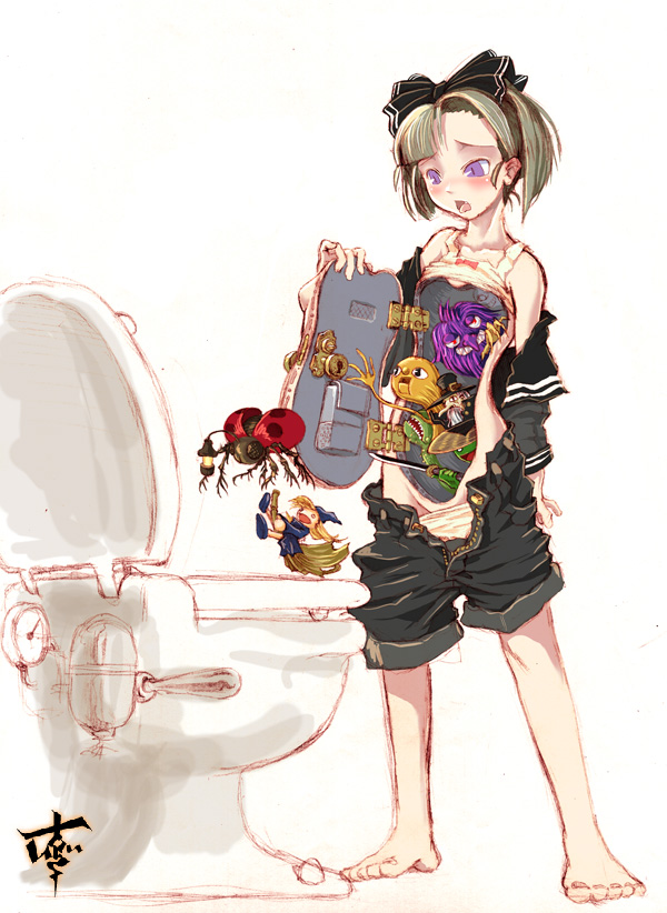 ahoisy barefoot bow broom bug commentary_request insect ladybug purple_eyes toilet what witch