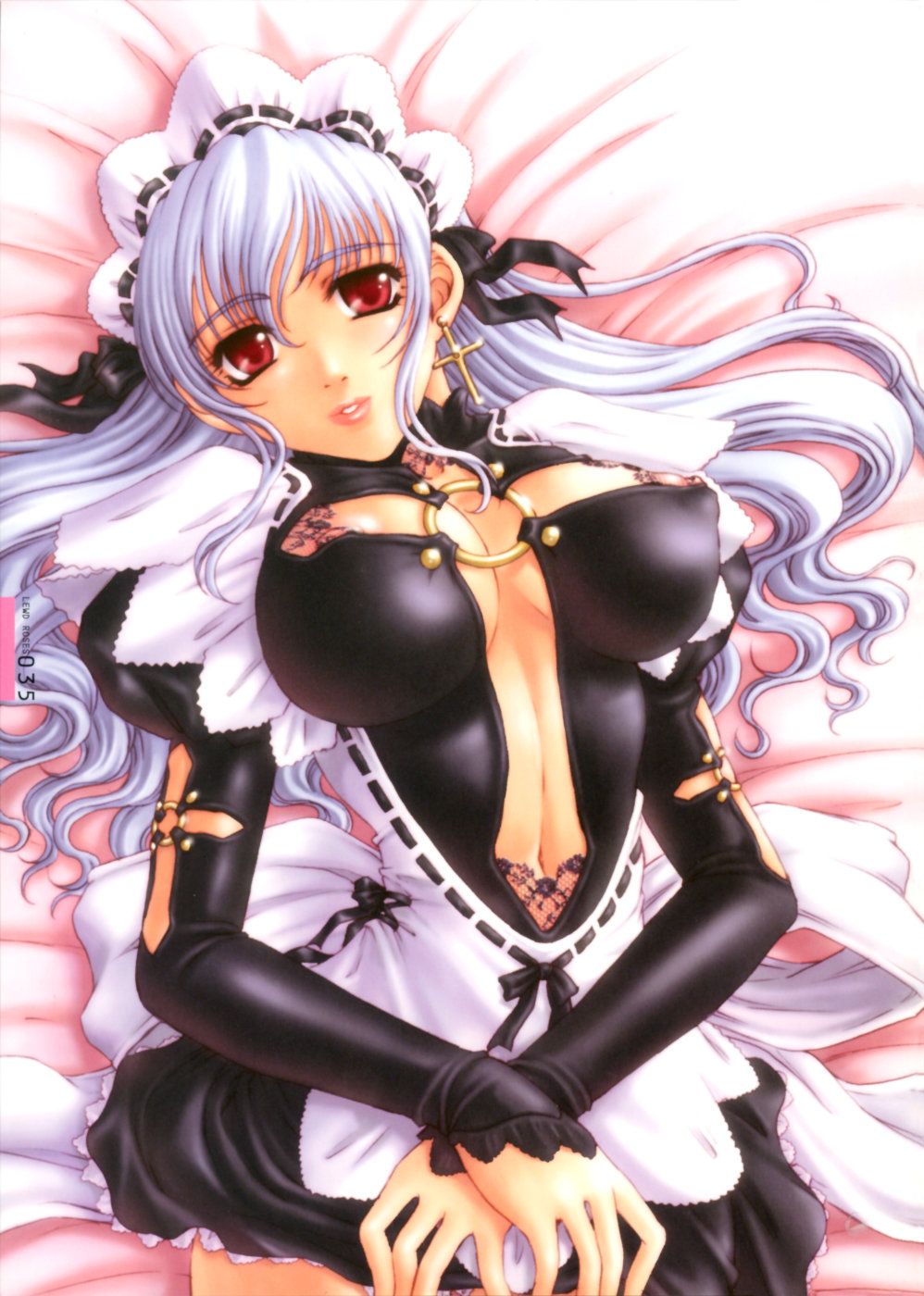 areola_slip areolae bed blue_hair breasts cleavage copyright_request covered_nipples cross crossed_arms earrings highres jewelry kanesada_keishi lace large_breasts long_hair lying maid nipple_slip nipples red_eyes solo