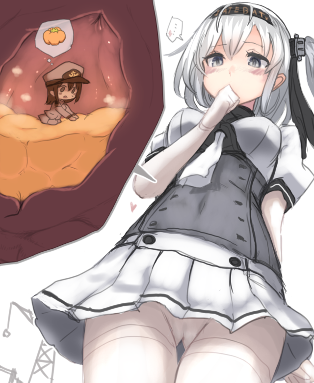 ... 2girls black_hair black_headband blue_eyes blush bodysuit breasts chibi corset covered_navel covering_mouth female_admiral_(kantai_collection) from_below giantess gloves kantai_collection medium_breasts medium_hair military military_uniform multiple_girls naval_uniform one_side_up panties pantyhose pantyshot pantyshot_(standing) pleated_skirt pumpkin sailor_collar short_sleeves silver_hair simple_background size_difference skirt spoken_ellipsis standing stomach striped striped_skirt suzutsuki_(kantai_collection) underwear uniform utopia vore white_background white_bodysuit white_gloves white_legwear white_neckwear white_skirt