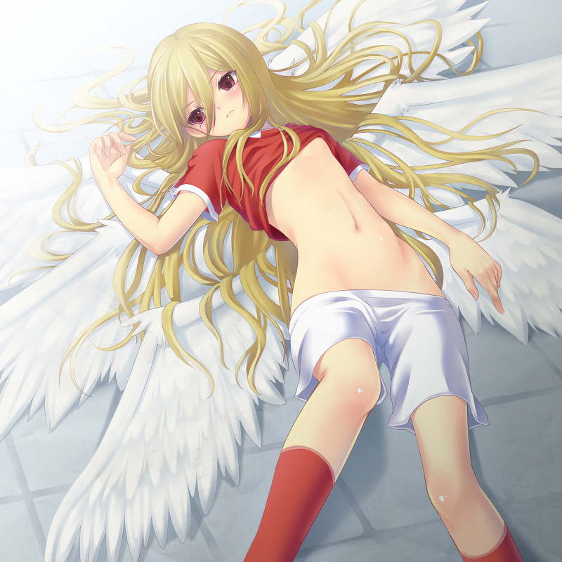 aphrodi belly_button bike_shorts blonde_hair exposed footwear inazuma_eleven inazuma_eleven_(series) lying lying_down midriff navel perspective red_eyes shota socks solo stomach tamamani trap undressing wings