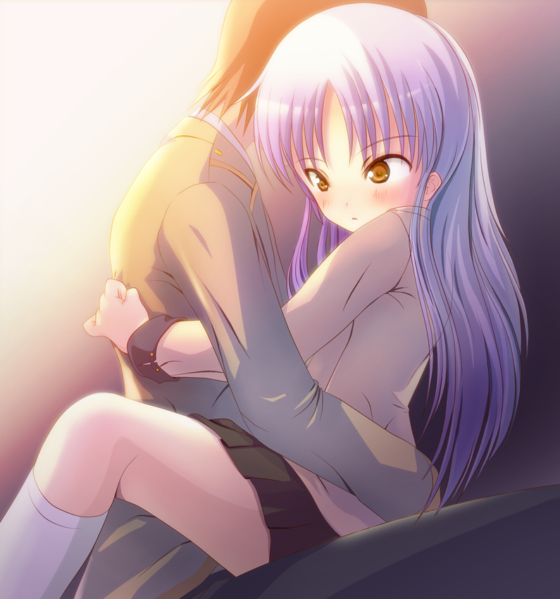 1girl angel_beats! blue_hair brown_eyes hug kamo_(rsrk) long_hair otonashi_(angel_beats!) school_uniform tenshi_(angel_beats!)