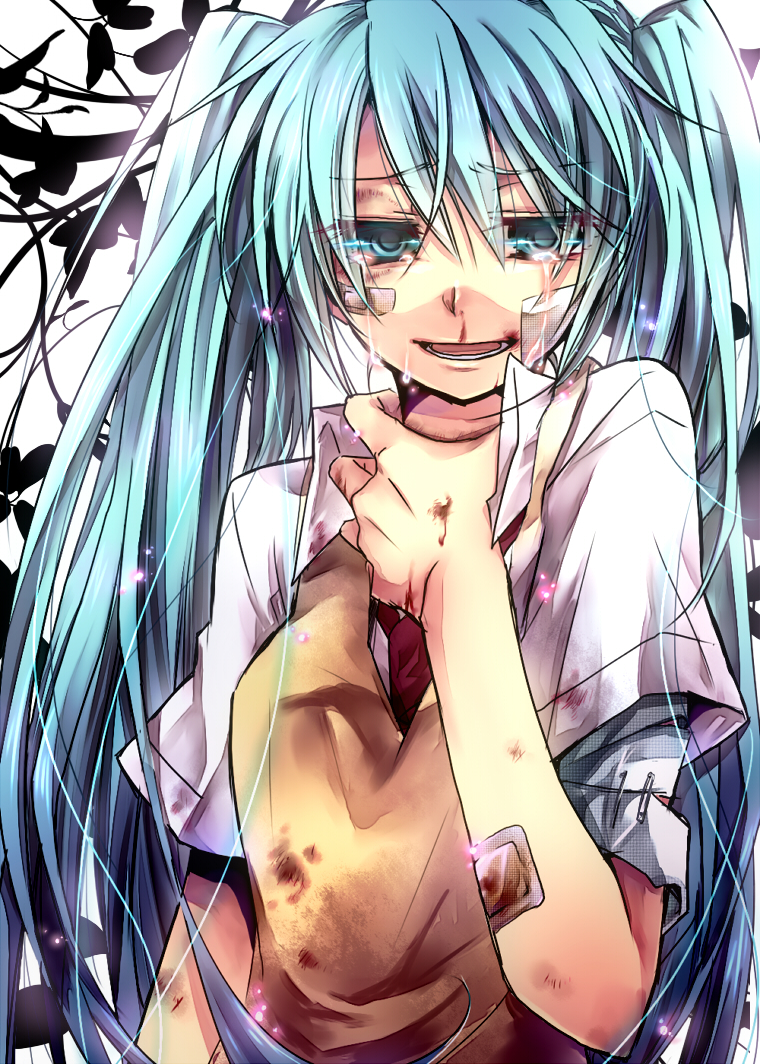 aqua_eyes aqua_hair bandages bandaid blood bloody_nose face hatsune_miku long_hair rolling_girl_(vocaloid) scrape smile solo sweater tears twintails very_long_hair vocaloid yuh