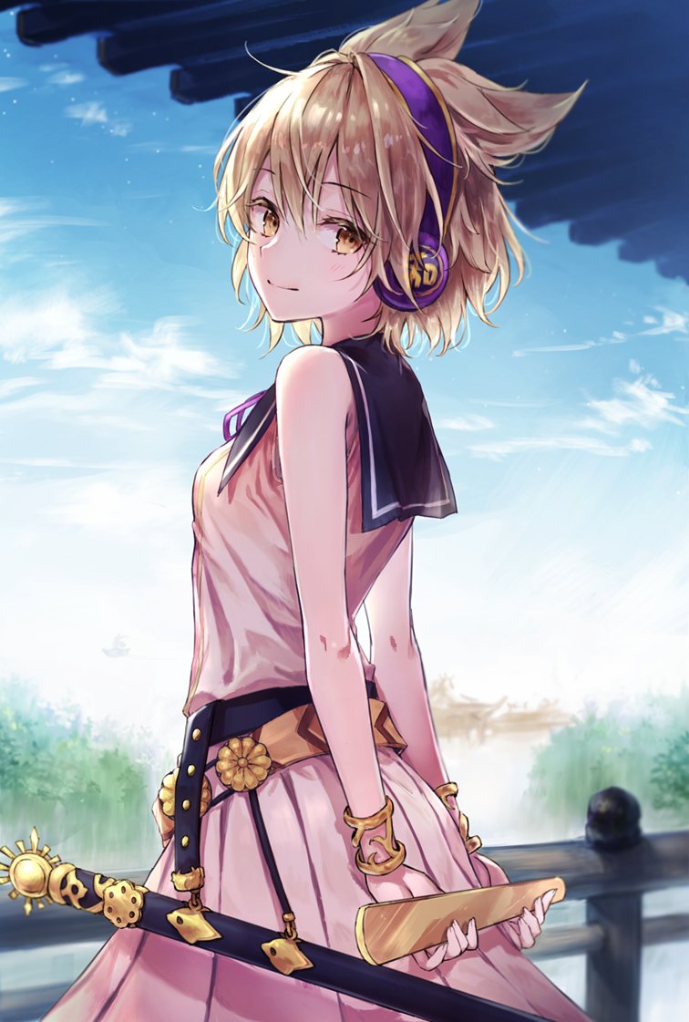 1girl akidzuki_haruhi arm_behind_back bangs bare_arms bare_shoulders belt black_belt black_sailor_collar blonde_hair blue_sky blush breasts cloud commentary_request cowboy_shot day dress earmuffs eyebrows_visible_through_hair hair_between_eyes holding looking_at_viewer outdoors pink_dress pleated_dress pointy_hair railing ritual_baton sailor_collar scabbard sheath short_hair sky small_breasts smile solo standing touhou toyosatomimi_no_miko yellow_eyes