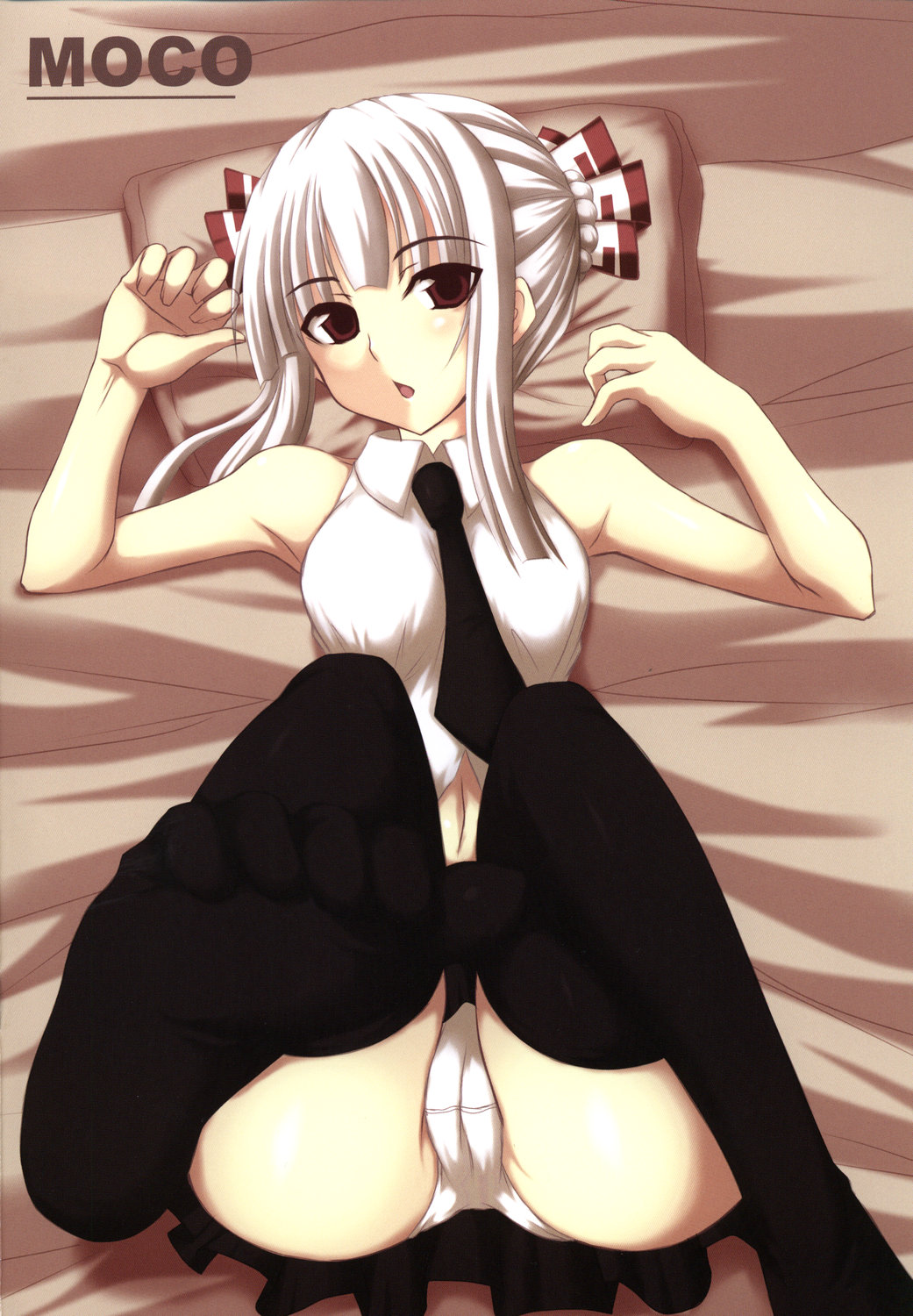 alternate_costume alternate_hairstyle armpits arms_up bare_shoulders bed black_legwear cameltoe contemporary double_bun feet foreshortening fujiwara_no_mokou hair_ribbon highres jema legs long_hair lying necktie on_back open_mouth panties pov_feet red_eyes ribbon shirt skirt sleeveless sleeveless_shirt solo thighhighs toe_scrunch touhou underwear white_hair white_panties