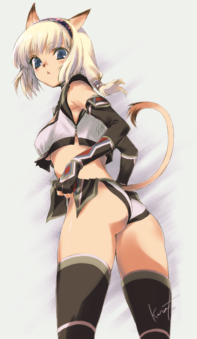 :&lt; animal_ears ass blonde_hair blue_eyes breasts brown_hair cat_ears cat_tail detached_sleeves final_fantasy final_fantasy_xi fingerless_gloves from_below gloves highres kawata_hisashi looking_down medium_breasts mithra ponytail short_hair solo tail thighhighs underboob