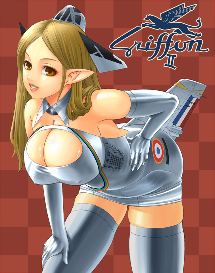 aircraft airplane bent_over breasts brown_eyes brown_hair checkered checkered_background cleavage covered_nipples hand_on_hip hand_on_thigh huge_breasts janome_gochou jet long_hair mecha_musume nord_1500_griffon original personification pointy_ears skindentation solo thighhighs