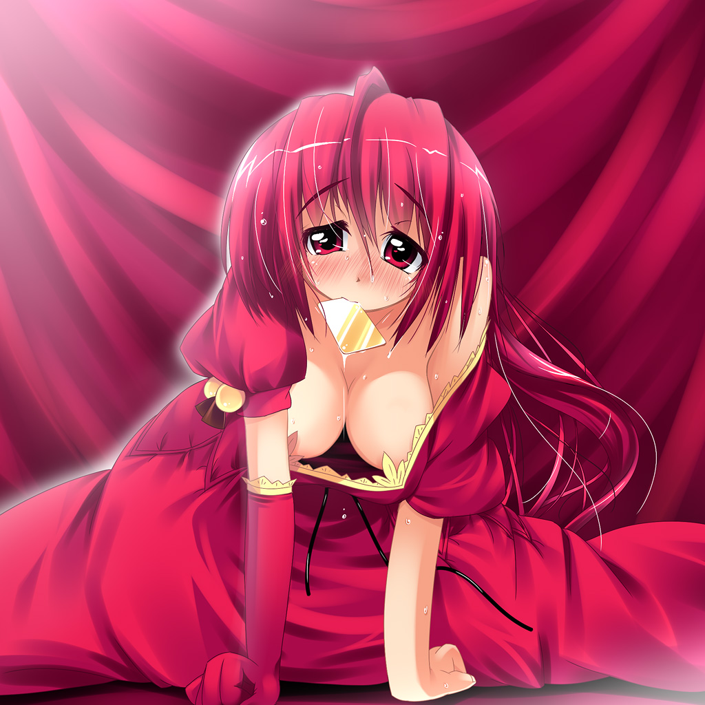 asymmetrical_clothes blush breasts card_in_mouth cleavage downblouse elbow_gloves gloves large_breasts long_hair mouth_hold ootsuki_ren original red_eyes red_hair single_glove solo sweat