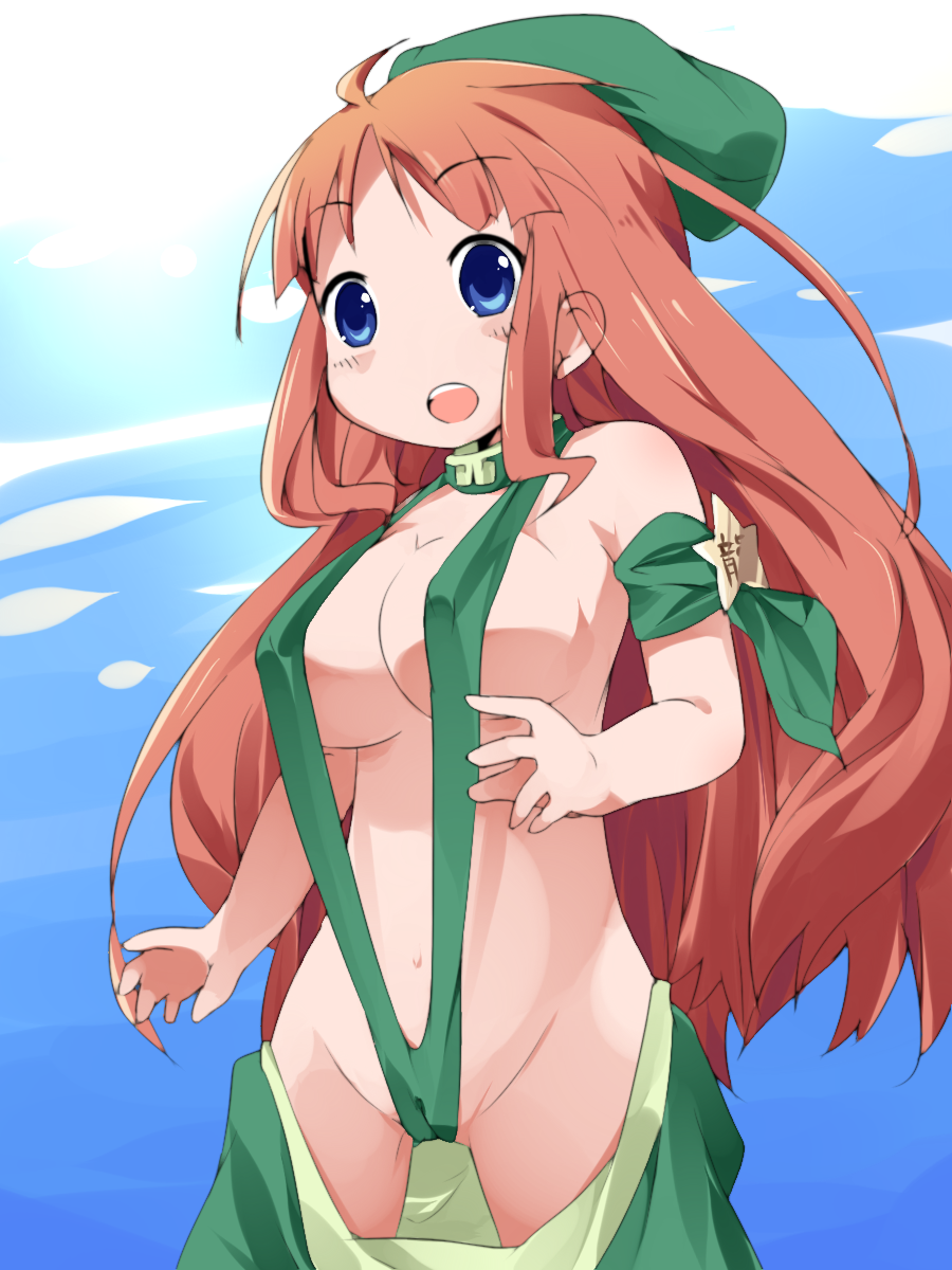 bad_id bad_pixiv_id blue_eyes breasts cameltoe cleavage hat highres hong_meiling kareha_aki large_breasts long_hair midriff navel red_hair slingshot_swimsuit solo swimsuit touhou