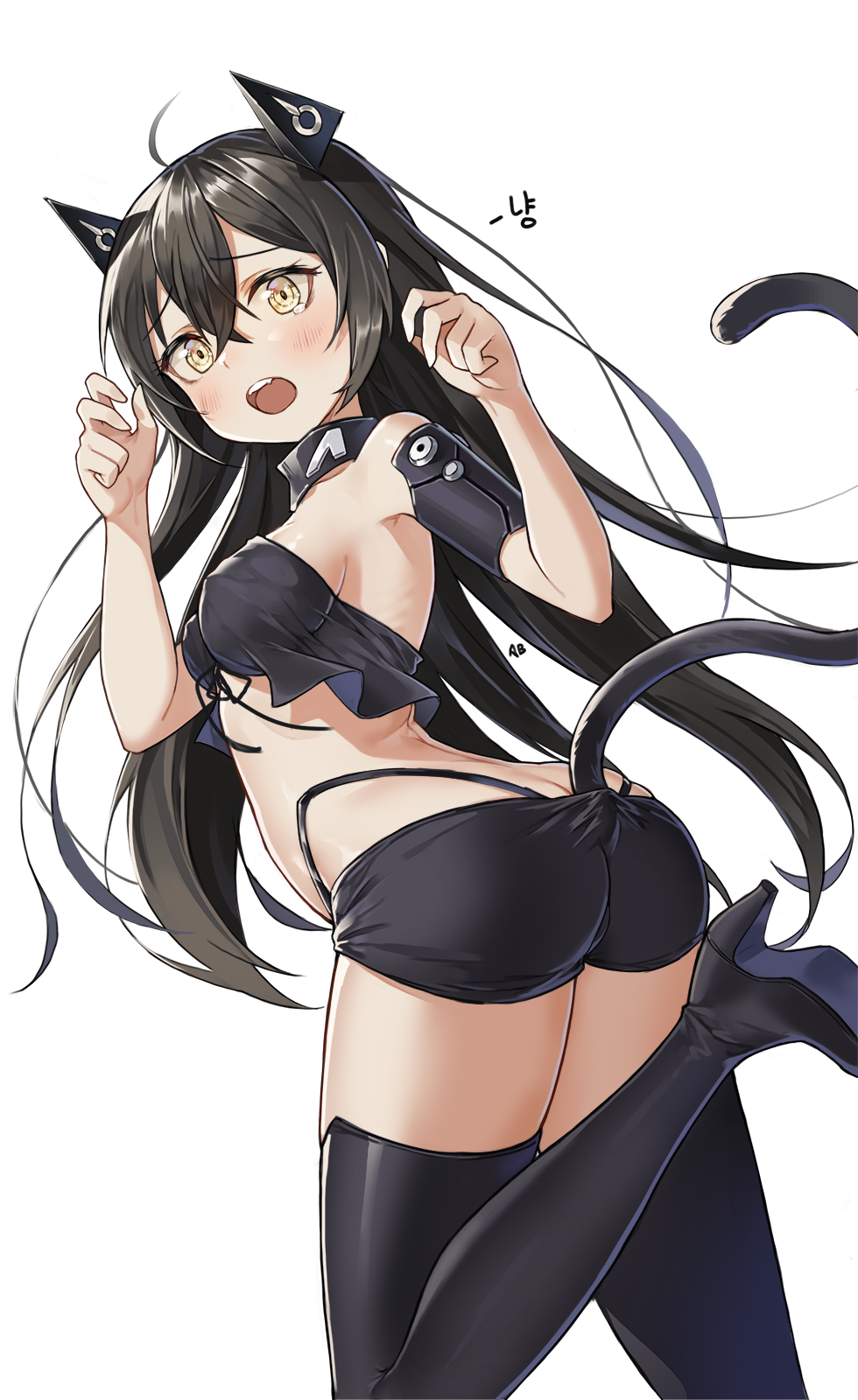 1girl aliceblue animal_ears ass bangs black_footwear black_hair black_shorts blush boots breasts butt_crack cat_ears cat_tail choker crop_top crop_top_overhang eyebrows_visible_through_hair girls_frontline hair_between_eyes hands_up headgear high_heel_boots high_heels highres judge_(girls_frontline) leg_up long_hair looking_at_viewer medium_breasts open_mouth sangvis_ferri short_shorts shorts sidelocks simple_background solo tail tearing_up thigh_boots thighhighs thighs twintails white_background yellow_eyes