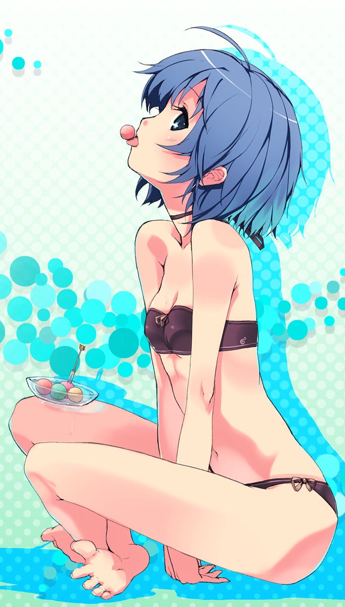 ahoge aqua_background bandeau bangs barefoot between_legs bikini blue_eyes blue_hair bow bow_bikini bowl breasts choker cleavage colored_shadow cropped crossed_legs drop_shadow eating elle_sweet feet food fork from_side halftone halftone_background head_tilt highres indian_style looking_at_viewer lowleg lowleg_bikini mouth_hold navel profile purple_bikini refeia ribbon ribbon_choker shadow short_hair sitting small_breasts soles solo spread_toes swimsuit toes tongue tongue_out transparent v_arms