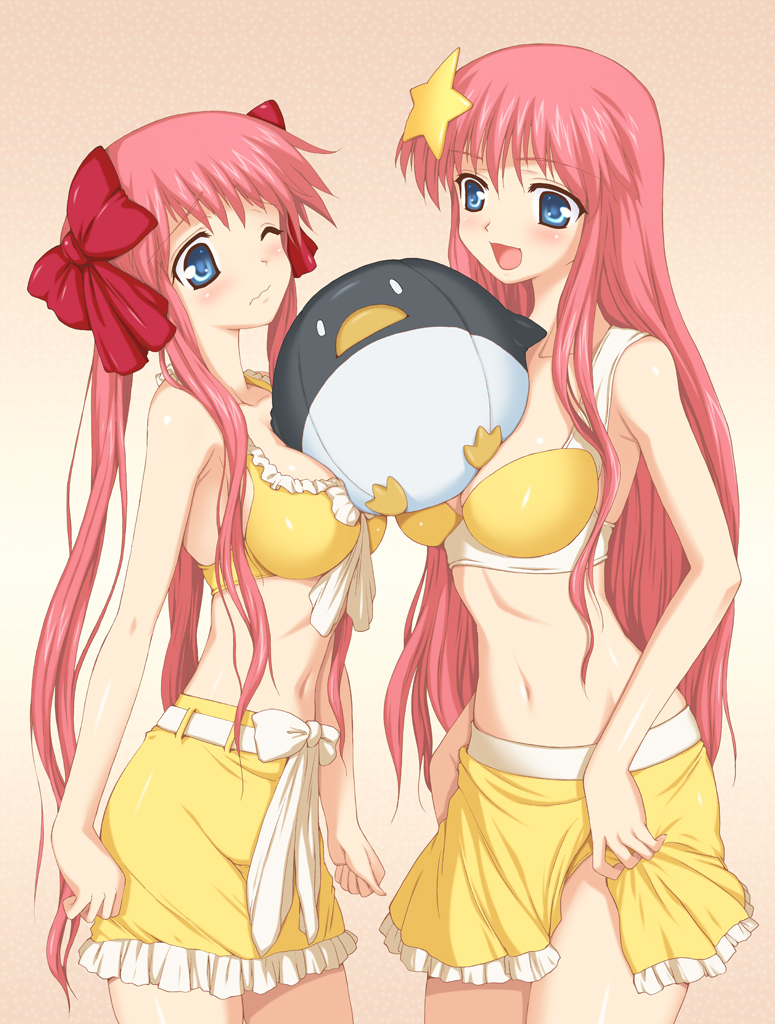 aokihoshi bikini blue_eyes blush bow breasts crossover etopen gundam gundam_seed gundam_seed_destiny hair_bow hair_ornament haramura_nodoka long_hair medium_breasts meer_campbell midriff multiple_girls navel one_eye_closed pink_hair saki skirt skirt_lift star star_hair_ornament stuffed_animal stuffed_penguin stuffed_toy swimsuit twintails