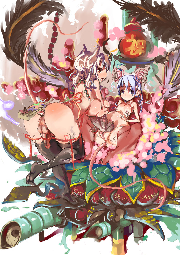 anal_tail animal_ears butt_plug extra_penises fake_tail futanari multiple_girls multiple_penises nipple_piercing penis piercing pregnant pussy saimon_fumie single_wing tail testicle_piercing thighhighs what wings