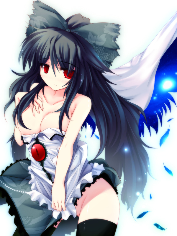ai_takurou bare_shoulders black_hair bow breasts cleavage feathers hair_bow hair_censor hair_over_breasts large_breasts long_hair looking_at_viewer no_nose no_panties ponytail red_eyes reiuji_utsuho shy skirt skirt_tug solo thighhighs touhou undressing wings