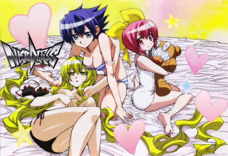 ass blonde_hair blue_hair bra breasts cleavage jpeg_artifacts kuchinashi_(needless) large_breasts medium_breasts mio_(needless) multiple_girls needless panties pink_hair setsuna_(needless) side-tie_panties striped striped_bra striped_panties swimsuit topless underwear