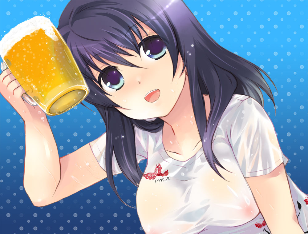 alcohol bad_id bad_pixiv_id beer black_hair blue_eyes blush breasts copyright_request covered_nipples large_breasts misaki_kozue see-through solo wet