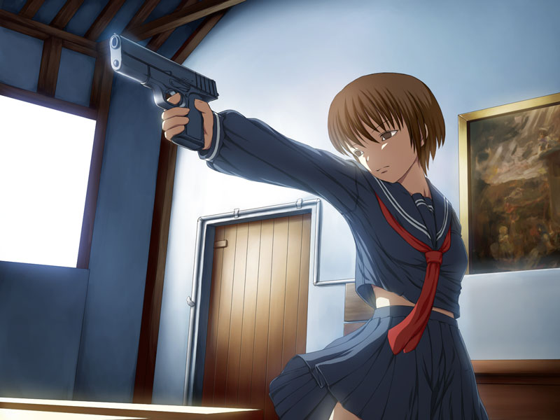 1girl broiler female gun indoors painting school_uniform serafuku serious short_hair skirt solo weapon window