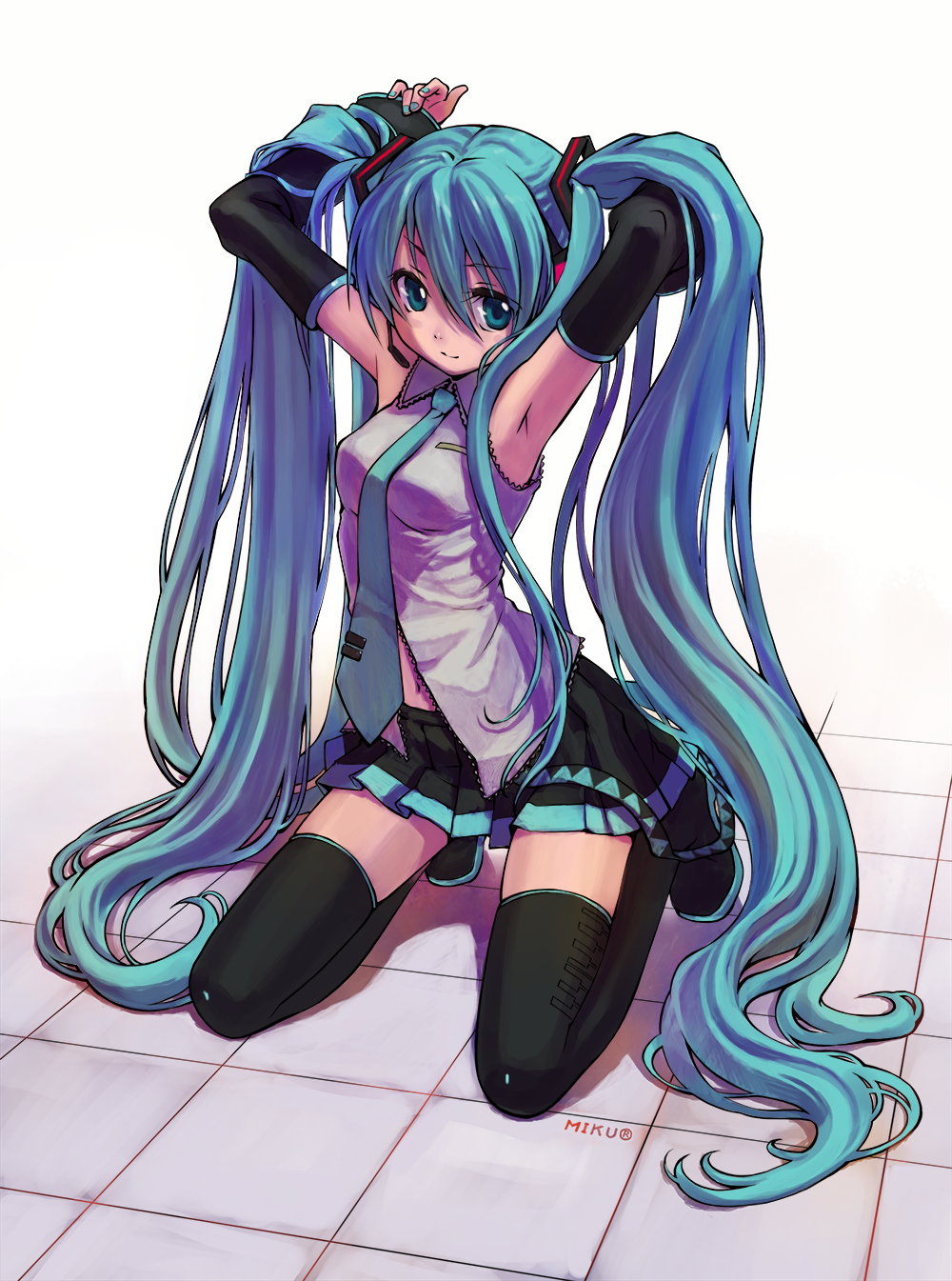 armpits biremoko blue_eyes blue_hair blue_nails colorized detached_sleeves ginta hatsune_miku highres kneeling long_hair nail_polish necktie perspective skirt smile solo thighhighs twintails very_long_hair vocaloid zettai_ryouiki
