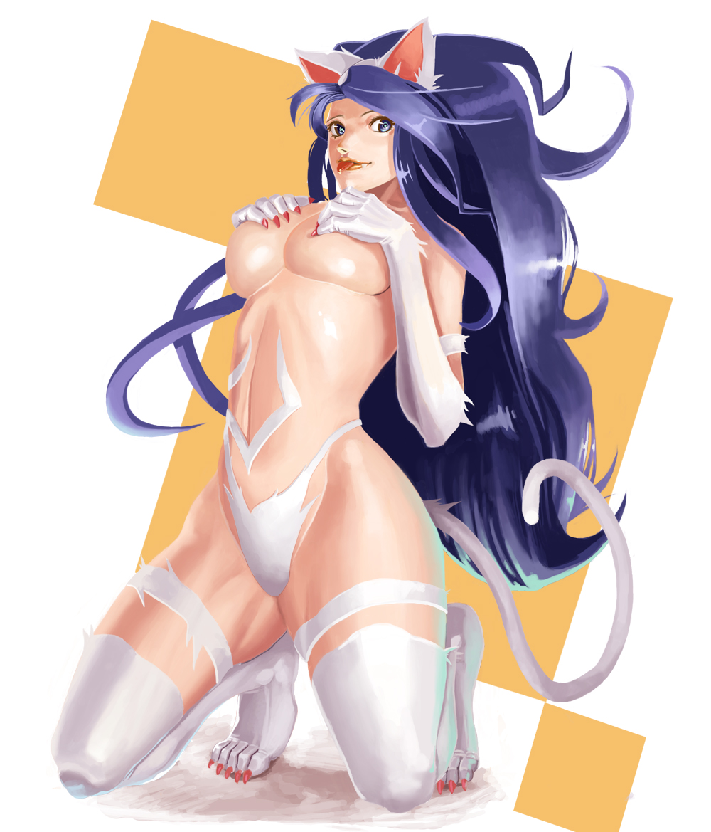 :p animal_ears big_hair blue_eyes blue_hair breast_suppress breasts cat_ears cat_tail covering covering_breasts fang felicia kukkii large_breasts long_hair ringed_eyes solo squatting tail thighhighs tongue tongue_out vampire_(game) very_long_hair
