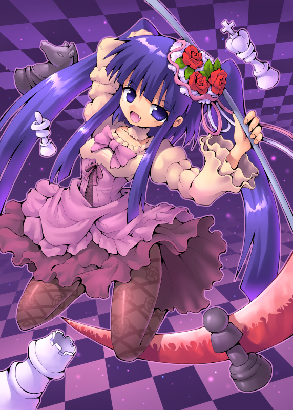 bangs blue_eyes blue_hair blunt_bangs board_game bow chess dress fang fishnet_pantyhose fishnets floral_print flower frills furudo_erika hair_ornament holding holding_scythe kurogarasu long_hair open_mouth pantyhose pink_bow print_legwear ribbon rose scythe smile solo twintails umineko_no_naku_koro_ni