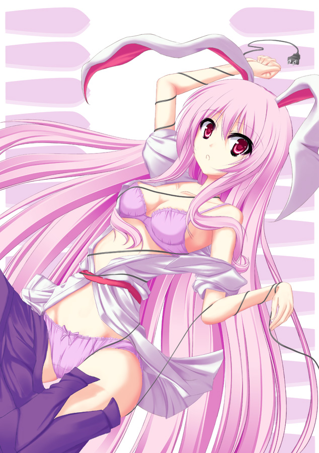 animal_ears bad_id bad_pixiv_id barasu bare_shoulders bra braid bunny_ears cable dress_shirt lingerie long_hair off_shoulder open_clothes open_shirt open_skirt panties pink_hair pink_panties purple_eyes reisen_udongein_inaba shirt skirt skirt_pull solo touhou underwear very_long_hair