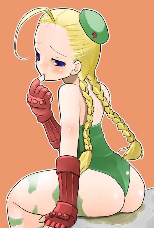 artist_request ass blonde_hair blue_eyes blush cammy_white capcom cute embarrassed from_behind hair_held_back leotard looking_back peeing peeing_self sitting street_fighter