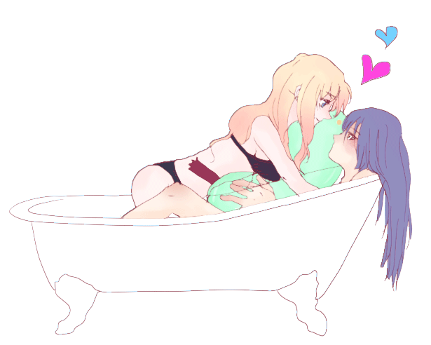 1girl bare_shoulders bath bathtub blonde_hair blue_eyes blue_hair blush brown_eyes couple hetero long_hair macross macross_frontier saotome_alto sheryl_nome smile swimsuit