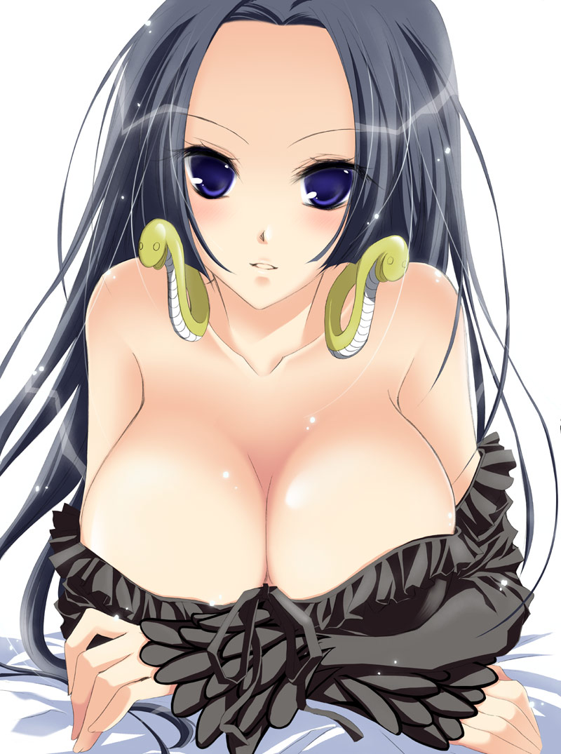 bad_id bad_pixiv_id black_dress black_hair blue_eyes blush boa_hancock breast_rest breasts cleavage dress dress_pull earrings jewelry large_breasts long_hair mura_maru one_piece smile solo sparkle