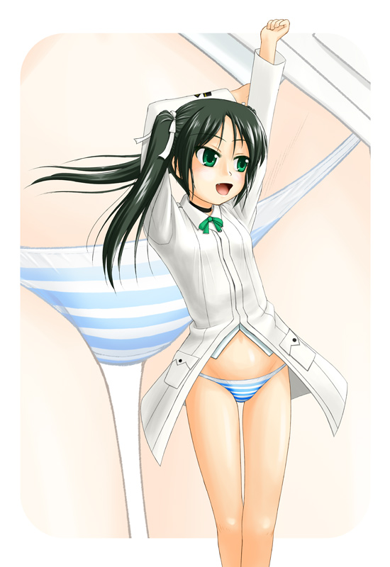 black_hair choker fang feet_out_of_frame francesca_lucchini green_eyes open_mouth panties solo stretch strike_witches striped striped_panties tk4 twintails underwear world_witches_series zoom_layer