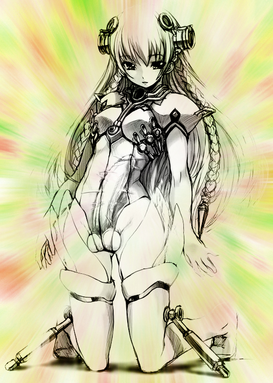 1girl ar_tonelico armor breasts color female formal full_body futanari girl gradient long_hair penis shurelia solo suit testicles