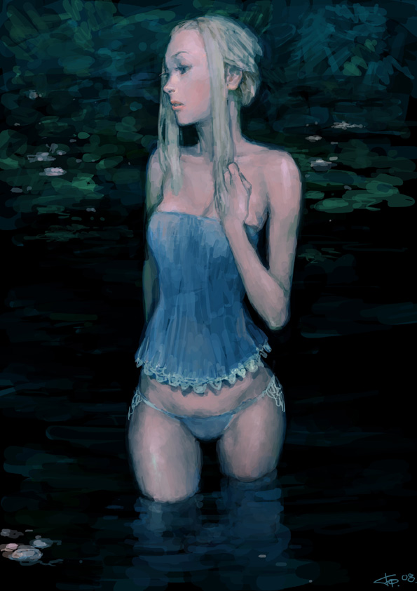 bangs bathing blonde_hair copyright_request corset face fcp frills lily_pad lingerie long_hair negligee panties parody side-tie_panties solo style_parody tree underwear wading water