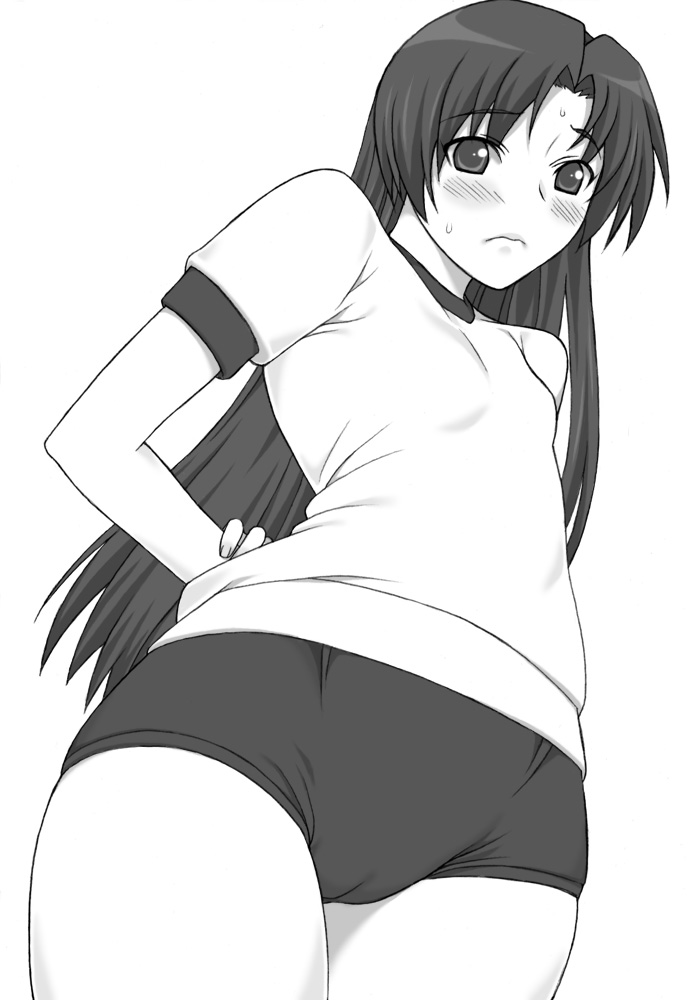 blush buruma cameltoe flat_chest greyscale gym_uniform idolmaster idolmaster_(classic) kisaragi_chihaya long_hair monochrome shichimenchou simple_background solo sweat