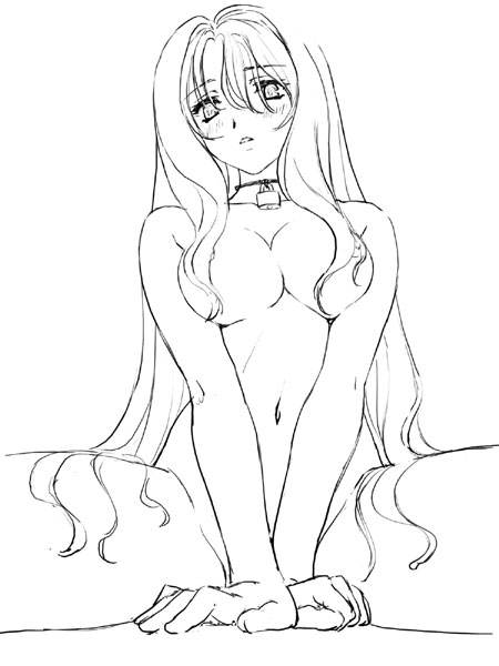 blush breasts collar copyright_request greyscale hair_over_breasts large_breasts lock long_hair monochrome nipples nude padlock sitting solo spread_legs tadano_akira