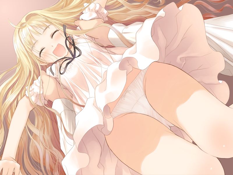 1girl blonde_hair blush closed_eyes dutch_angle france_shoujo from_below game_cg long_hair navel open_mouth panties pantyshot petite pov ribbon shoujo skirt skirt_lift solo_focus tanaka_takayuki underwear white_panties