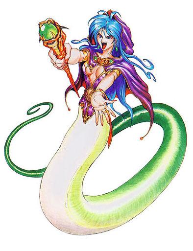 blue_hair breasts breath_of_fire deis lamia large_breasts monster_girl naga scales