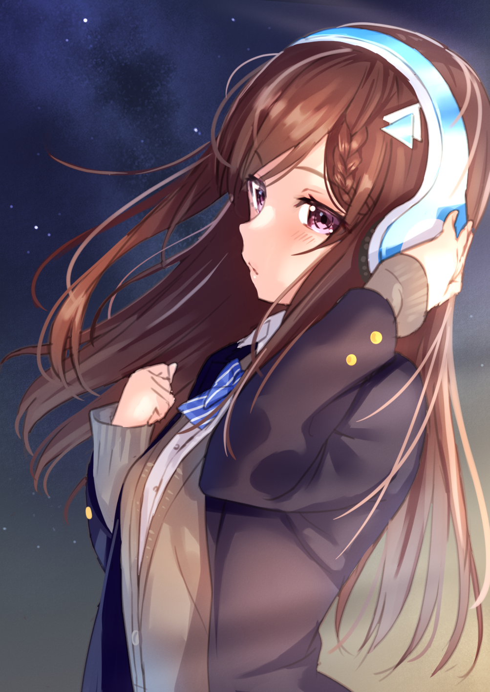 1girl bangs black_jacket blazer blue_bow bow braid breasts brown_cardigan brown_hair cardigan closed_mouth cocoa_music commentary_request diagonal_stripes doumyouji_cocoa dress_shirt eyebrows_visible_through_hair hair_ornament hairclip hand_on_headphones hands_up headphones highres jacket long_hair long_sleeves open_blazer open_clothes open_jacket purple_eyes school_uniform shirt sleeves_past_wrists small_breasts solo striped striped_bow tsukiman upper_body very_long_hair virtual_youtuber white_shirt