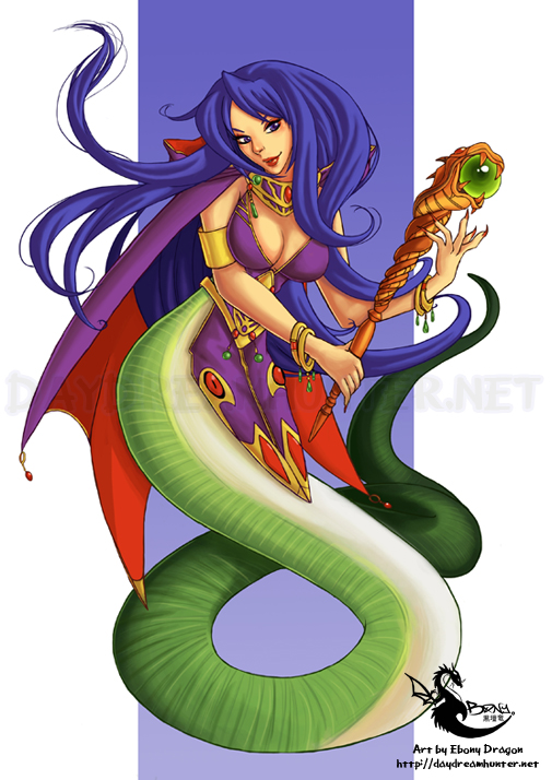 blue_hair breasts breath_of_fire cleavage deis fingernails lamia large_breasts long_fingernails long_nails monster_girl naga scales