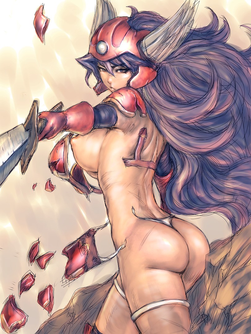 armor ass bare_back breasts broken_armor covered_nipples dragon_quest dragon_quest_iii exploding_clothes fumio_(rsqkr) helmet large_breasts nipples perky_breasts purple_eyes purple_hair soldier_(dq3) solo sword torn_clothes wardrobe_malfunction weapon winged_helmet