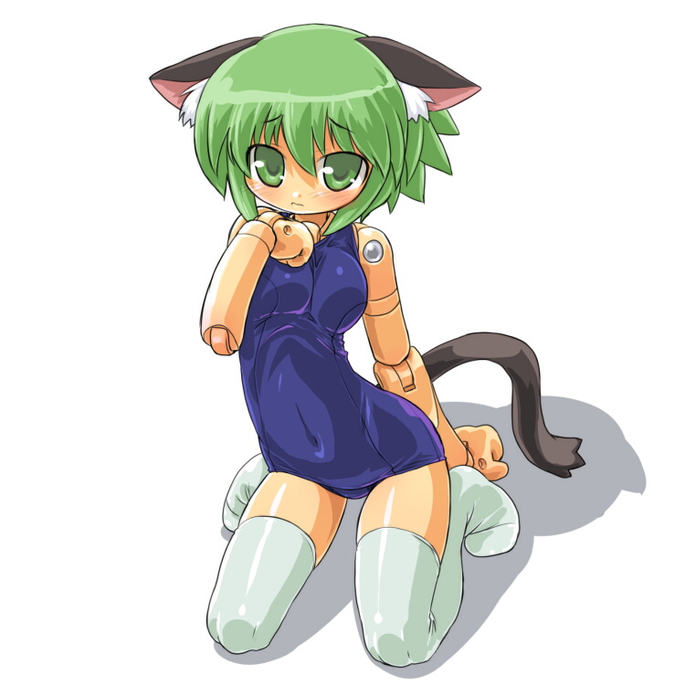 animal_ears bad_id bad_pixiv_id busou_shinki cat_ears cat_tail dd_(ijigendd) doll_joints green_eyes green_hair maochao one-piece_swimsuit school_swimsuit shiny shiny_clothes simple_background solo swimsuit tail thighhighs