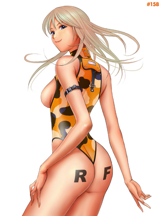 ass blonde_hair breasts camouflage large_breasts long_hair original pun ryu_(ryu's_former_site) smile solo