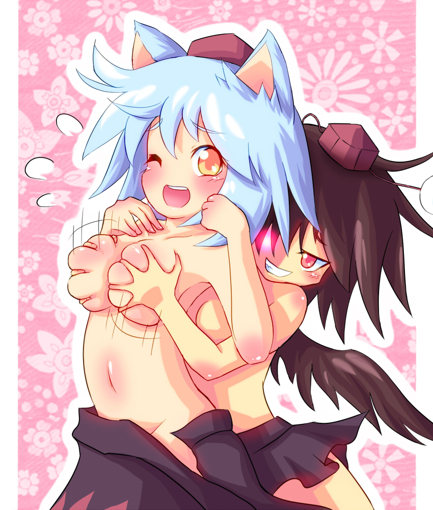 animal_ears ayakashi_(monkeypanch) bad_id bad_pixiv_id black_wings blue_hair breast_grab breast_squeeze breasts brown_hair deep_skin glowing glowing_eyes grabbing grin groin hat inubashiri_momiji large_breasts multiple_girls navel one_eye_closed orange_eyes red_eyes shameimaru_aya short_hair smile tokin_hat topless touhou wince wings wolf_ears yuri