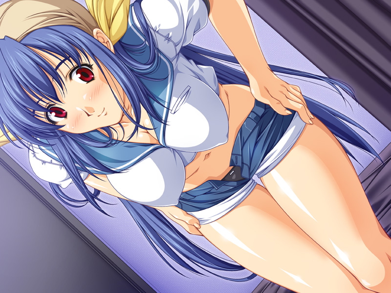 bent_over blue_hair blue_sailor_collar blush breasts covered_nipples dizzy guilty_gear hands_on_hips impossible_clothes impossible_shirt large_breasts pirate pulled_by_self racco sailor_collar shirt short_shorts shorts shorts_pull smile solo undressing unzipped