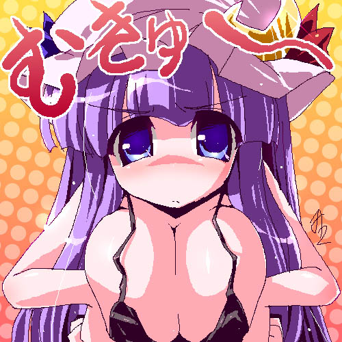 blue_eyes blush breast_squeeze breasts cleavage hat jpeg_artifacts large_breasts long_hair lowres miuku_(marine_sapphire) mukyuu no_nose oekaki patchouli_knowledge purple_hair solo touhou translated