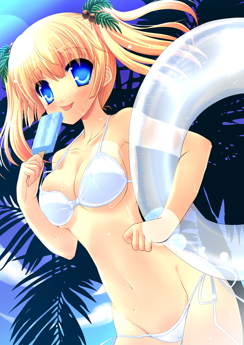 :p artist_request bikini blonde_hair blue_eyes blush breasts cleavage copyright_request food innertube large_breasts popsicle side-tie_bikini solo swimsuit tongue tongue_out twintails wet