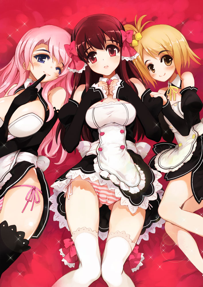 amane_(dream_c_club) between_breasts bow breasts brown_hair dream_c_club dream_c_club_(series) finger_to_mouth hair_cubes hair_ornament large_breasts lying medium_breasts momiji_mao multiple_girls one_eye_closed panties pink_hair ribbon rui_(dream_c_club) setsu_(dream_c_club) side-tie_panties underwear