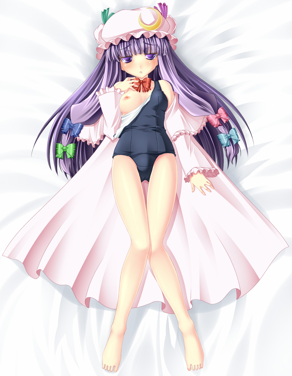 barefoot blue_bow bow breasts crescent dress green_bow hair_bow hat highres iganseijin long_hair lying medium_breasts nipples one-piece_swimsuit open_clothes patchouli_knowledge pink_bow purple_eyes purple_hair school_swimsuit solo strap_slip swimsuit swimsuit_pull swimsuit_under_clothes touhou